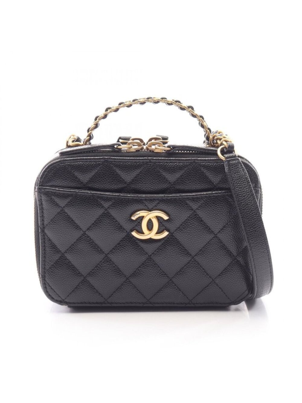 Chanel Shoulder Bag Quilted Vanity 2-Way Black Caviar Leather Top Handle Chain